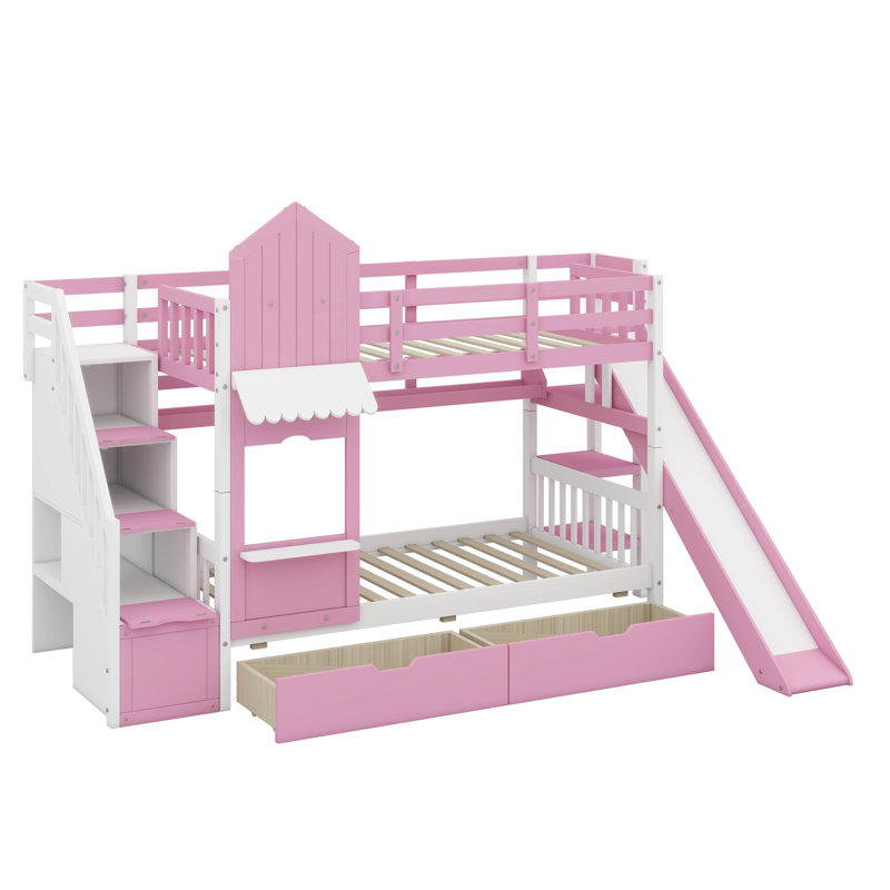Full-Over-Full Castle-Themed Bunk Bed With 2 Drawers, 3 Shelves And Slide, Pink