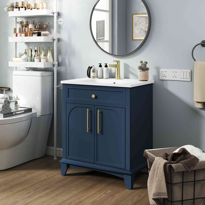 Meuble-lavabo moderne 27,8 po avec surface peinte, meuble-lavabo autoportant Mid-Century avec rangement, meuble-lavabo haut de gamme avec tiroirs et poignées en métal