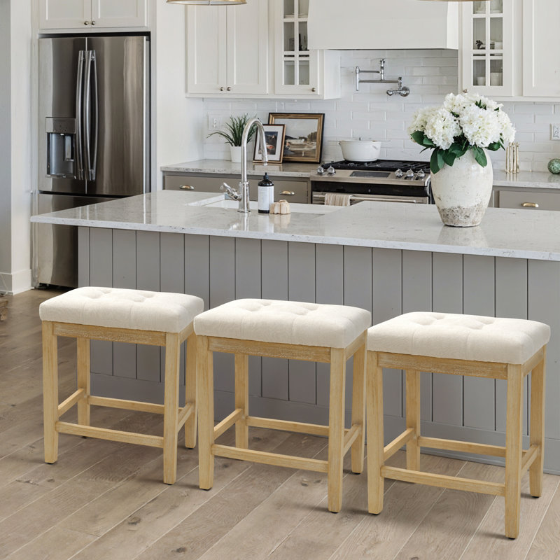 24 Inch Upholstered Extra-wide Cushion Wooden Kitchen Island Counter Height Barstools, Beige