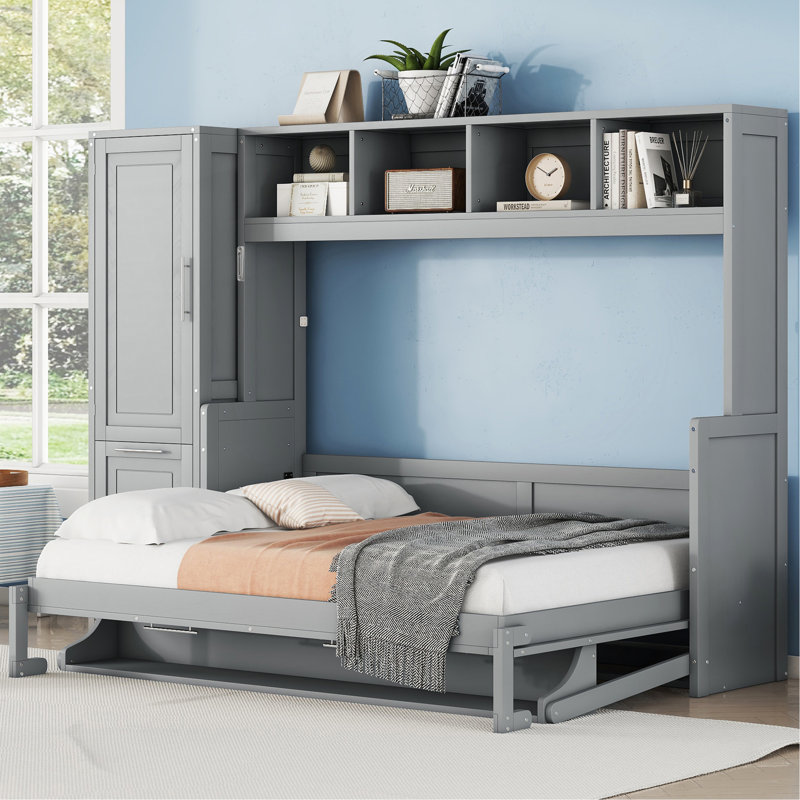 Lit escamotable double pleine grandeur avec placard et tiroirs, gris