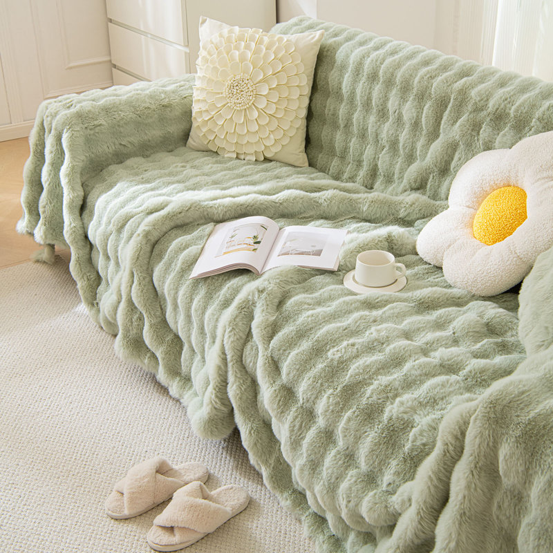 1-Piece Faux Fur Box Cushion Slipcover, 71" H x 118" W, Green