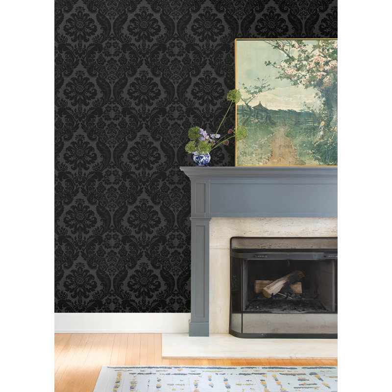Shadow Black Flocked Damask Wallpaper, Black
