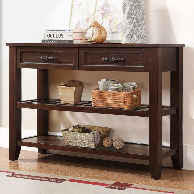 Console avec 2 tiroirs de rangement et 2 tablettes à niveaux, buffet en bois massif de style Mid-Century pour le salon et l'entrée