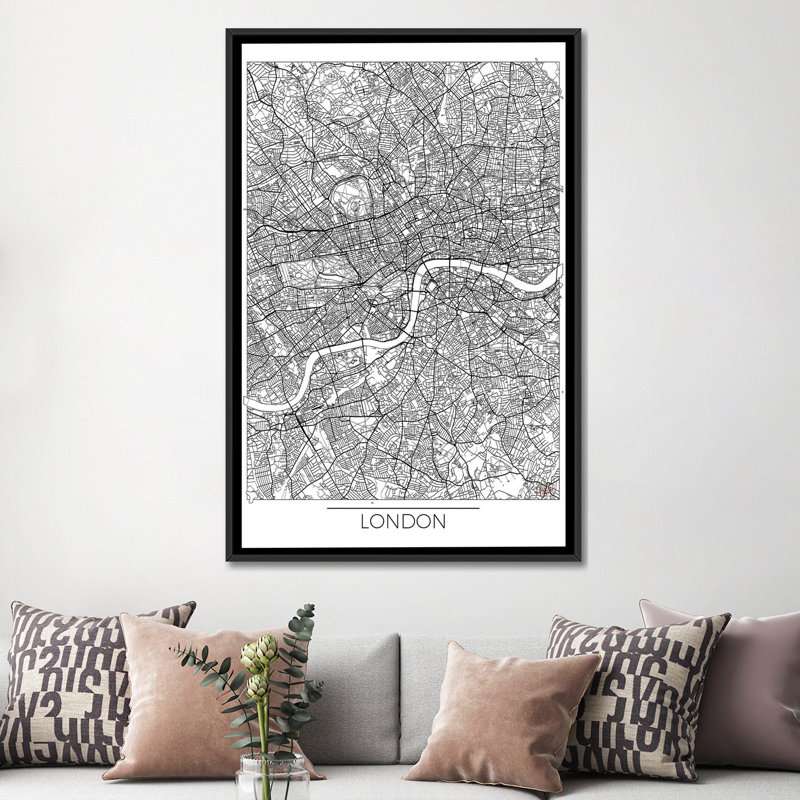 « london minimal urban blueprint map », reproduction d’impression sur toile, Toile avec cadre noir, Pas de tapis