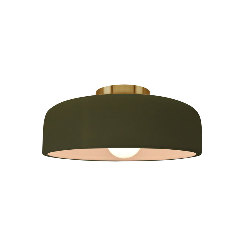 Dottie Ceramic LED Semi Flush Mount, Matte Green, Brushed Brass, 6" H x 10" W x 10" D