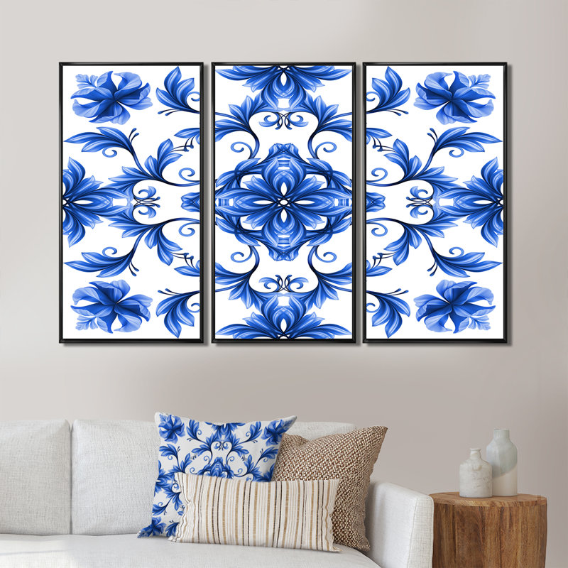 Motif floral abstrait en bleu et blanc, Noir, H 28 po x l 36 po x P 1 po