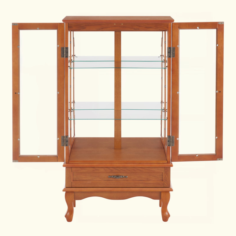 Lighted Glass Display Cabinet Glass Wine Cabinet Curio Display Cabinet With Adjustable Glass Shelves Two Doors And One Drawer Bulb Included For Home Decor And Storage