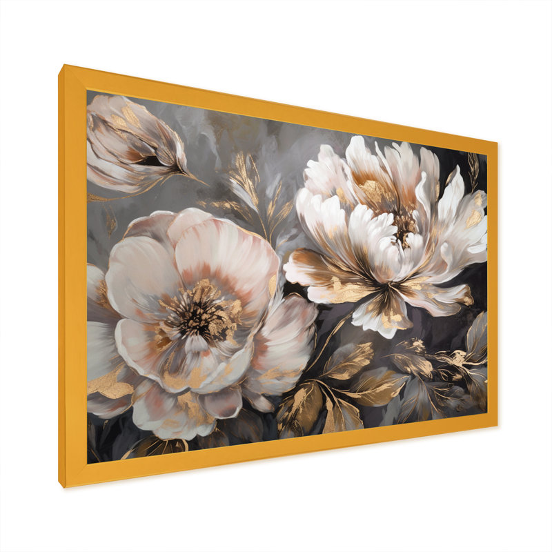 "White Grey Peony Blooms In Motion IV" - pivoines, art encadré, Impression encadrée, H 16 po x l 32 po, Doré