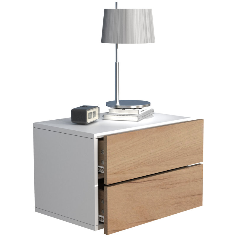 Avyion Manufactured Wood Bedside Table, White/Oak wood, 30cm H x 45cm W x 32cm D