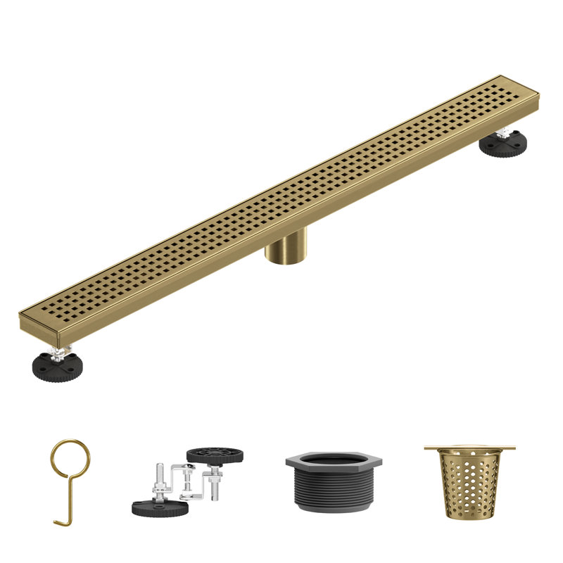32 In. Stainless Steel Linear Shower Drain With Square Pattern Drain Cover, Brushed Gold