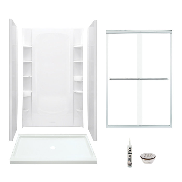 48" W x 75.75" H Frameless Rectangle Sliding Shower Kit with Towel Bar and Base Included