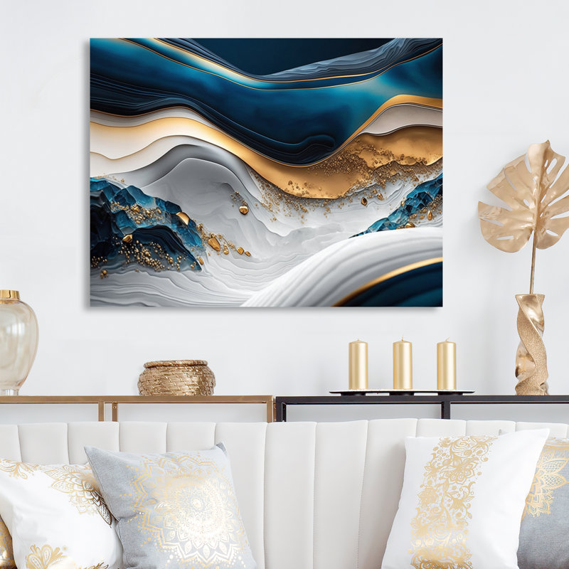 «Abstract Geode Waves Blue II» - Décoration murale abstraite en métal, H 24 po x l 32 po x P 1 po