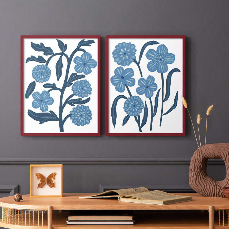 «Blue Folk Florals I», reproduction encadrée de qualité supérieure - prête à être accrochée - aucun clou requis - aucun clou requis