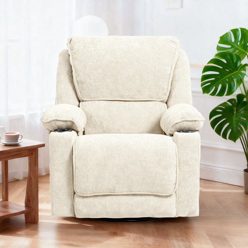 Fauteuil inclinable pivotant à bascule avec porte-gobelets en tissu de chenille chauffant à assemblage facile , Beige