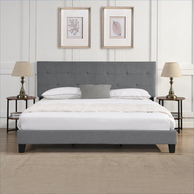 Cool Gray Button Tufted Linen Fabric Upholstered Platform Bed, King Size, Solid Wood Slat Support, No Box Spring Needed, Modern Style for Bedroom