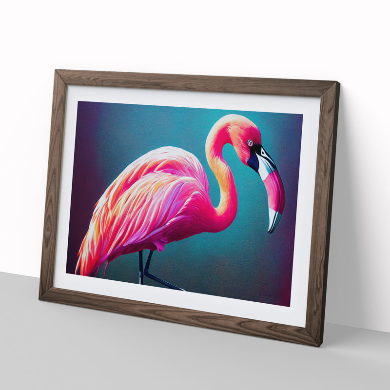 Effervescent Flamingo - Single Picture Frame Painting, 46cm H x 64cm W x 2cm D, Walnut 