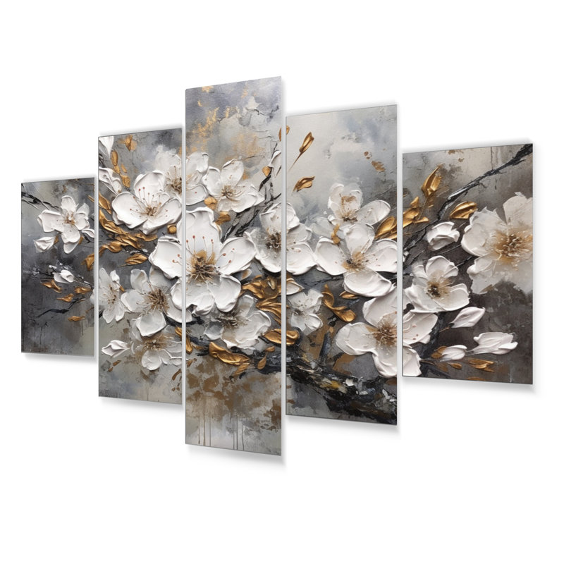 White Grey Cherry Blossum Harmony I - Floral Metal Wall Art Prints Set