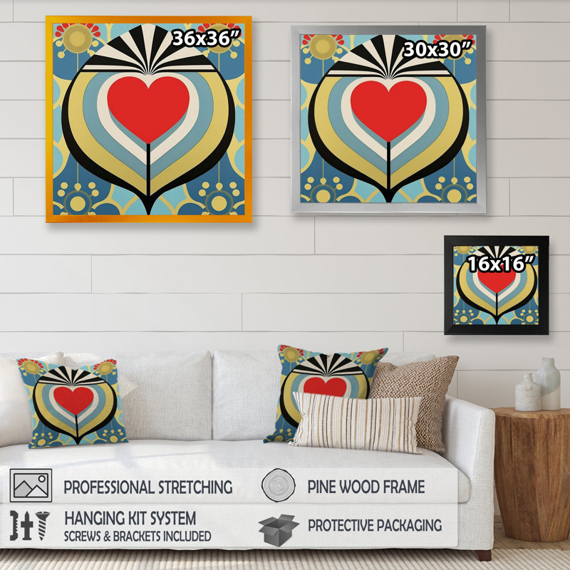 «Shining Contemporary Red Heart IV», reproduction sur toile, H 16 po x l 16 po x P 1 po, Impression noire sur toile encadrée
