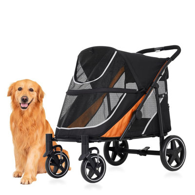 Poussette robuste pour chiens de très grande taille, jogger pliable pour animaux en une seconde avec roues tout-terrain de 11 po, amortisseur de chocs, lit amovible et panier de rangement