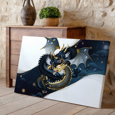 Canvas A Dynamic Scene Featuring Two Majestic Dragons Entwined In A Wall Art Fierce Yet Elegant Pose One With Sleek Black Scales And Canvas Wall Art