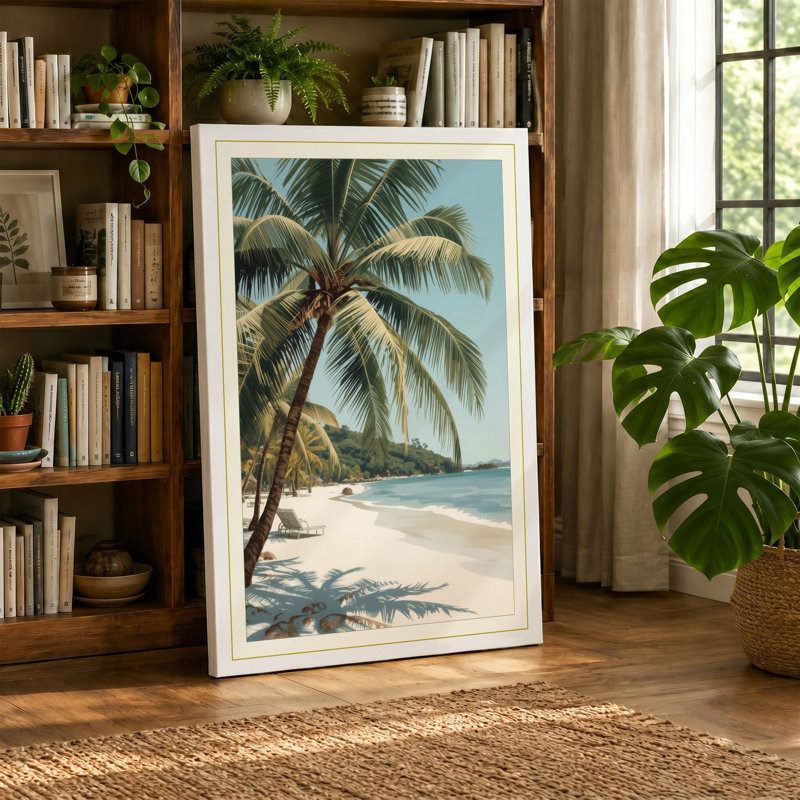 Tropical Paradise Palm Coastal - Wrapped Canvas, 36x24 - 91.4 x 61.0 cm, Ochre Border