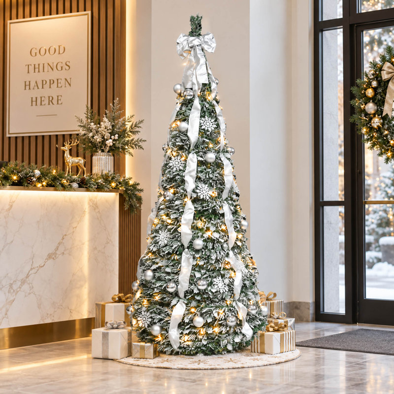 Sapin de Noël pop-up illuminé de 1,80 m, floqué, avec 150 lumières blanc chaud