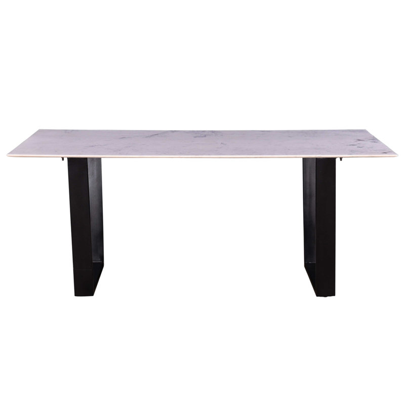 Table de salle à manger rectangulaire moderne avec plateau en marbre, base en métal robuste, noir / blanc