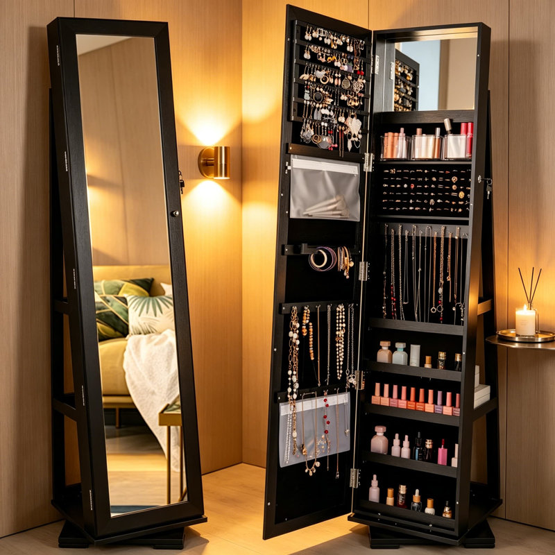 Armoire à bijoux pivotante à 360 degrés avec miroir pleine longueur, armoire de rangement pour bijoux verrouillable sur pied, grande capacité de rangement avec miroir de maquillage intérieur et tablettes de rangement à l'arrière
