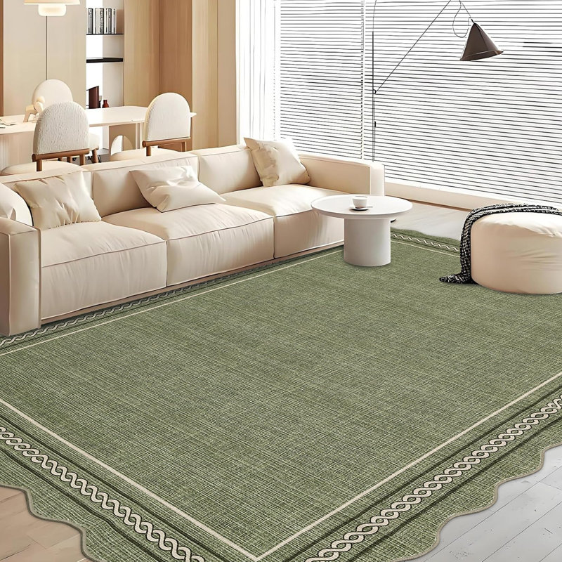 Scalloped Machine Washable Area Rug with Non Slip Backing Soft Faux Wool Low Pile Stain Resistant Easy Cleaning Carpet for Living Room Bedroom