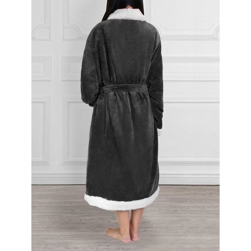 Peignoir mi-mollet en molleton avec poches, Gris