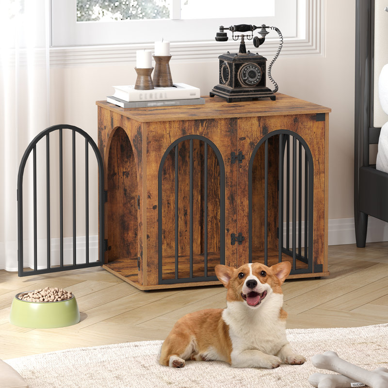 Dog Crate Furniture, 68 cm Wooden Dog Crate, Indoor Kennel for Small Dogs, End Side Table Animal Crates, Anti-Chew, Anti-Escape, Arched Door Design 