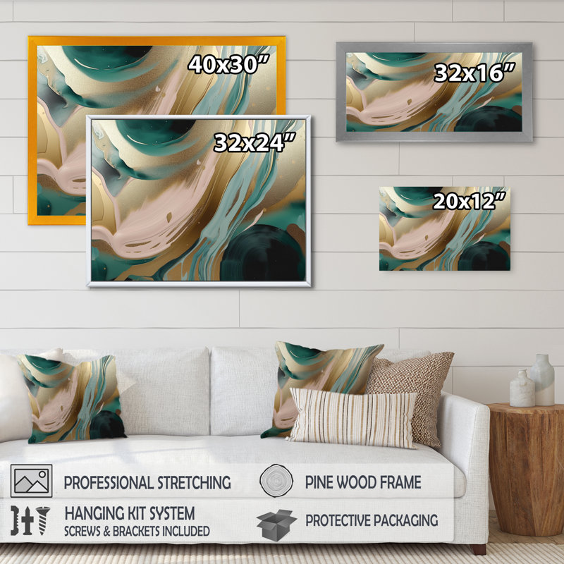 Or et vert marbré Euphoria V - art mural grand marbre abstrait, Cadre doré simple, H 12 po x l 20 po x P 1 po