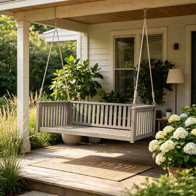 Balancelle de jardin Minimalist Topmax pour une personne, en bois d'acacia avec cordes de suspension, conception inclinée sécurisée pour jardin, grise