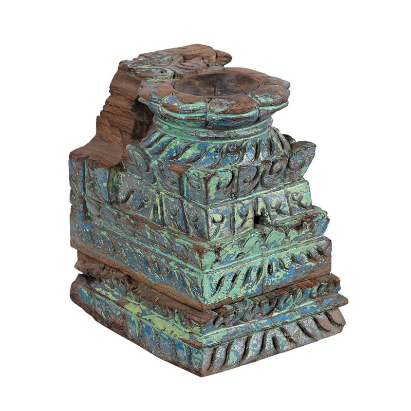 Rustic Distressed Blue Teak Wood Pillar Candle Holder