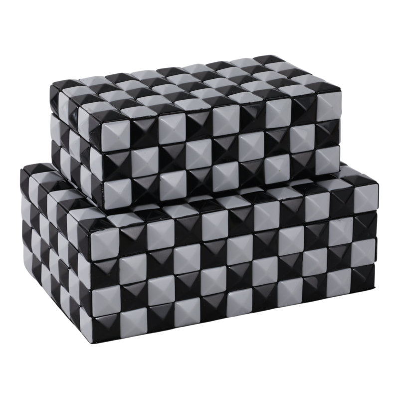 Latiara - Boîtes de rangement en résine et tissu de bois à texture pyramidale, damier, bureau à domicile, ensemble de 2 - 5 ", 4" noir et blanc