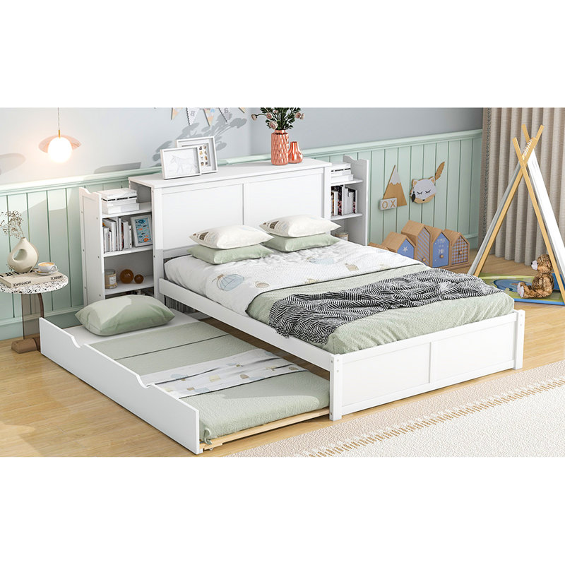 Lit plateforme blanc avec rangement et 4 tablettes