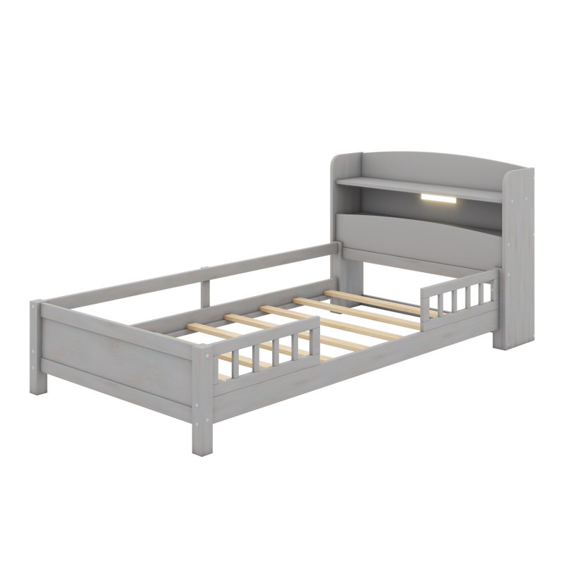 Lit plateforme en bois avec éclairage à DEL intégré, tête de lit avec rangement et garde-corps