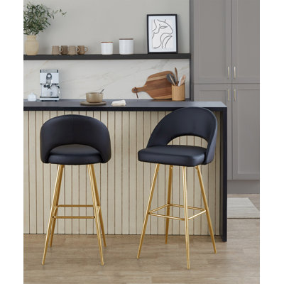Tabouret de bar à hauteur fixe en métal doré et similicuir noir avec repose-pieds carré - ensemble de 2