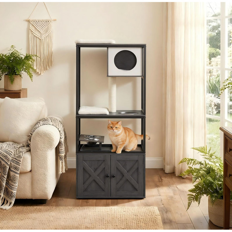 Maisonnette pour chat 58 po avec bac à litière et bols surélevés Kimmel, Misty Gray/Black