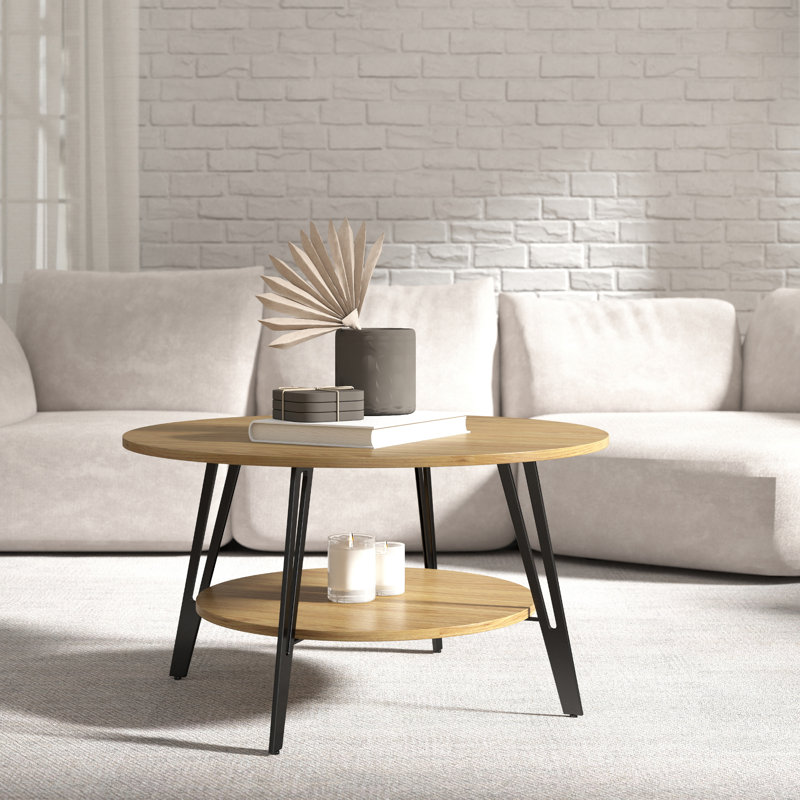 Omar 2 Tier Round Coffee Table With Storage and Four Solid Steel Legs Center Table For Living Room, Natural