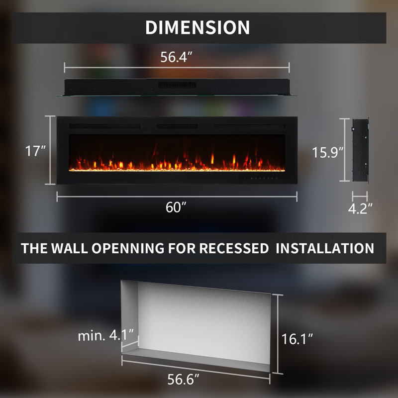 Puraflame Romy 60 Inch Recessed And Wall Mounted Electric Fireplace, 12 Colors Of Flame & Ember, 5 Brightness, 1500w Heater, Log & Crystal, Remote Control