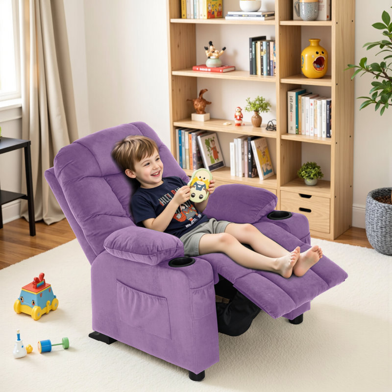 Goggin Kids Recliner with Anti-Tilt, Two Cup Holder, Fabric Upholstered, Purple Crystal