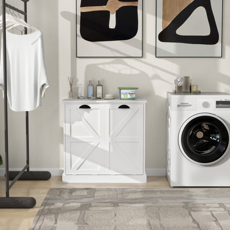 Tilt Out Laundry Hamper Cabinet With Removable Basket, Double Hidden Laundry Hamper Cabinet, Wood Bathroom Storage Cabinet With 2-Compartment Hamper, Free Standing Home Organizer, White