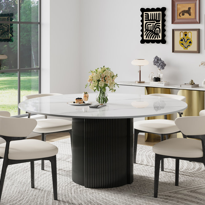 59.08'' Round Dining Table Marble Top, Circle Dining Table with Black Stainless Steel Base, White