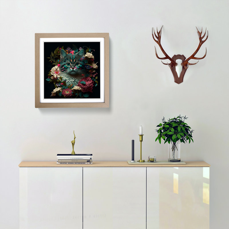 Cat Floral Art - Single Picture Frame Print on Wood, Oak