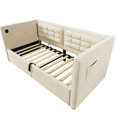 Upholstered Twin Daybed In Beige Velvet, Hydraulic Storage, Type - C Charging Bed Frame, Wooden Slats, And Back For A Peaceful Bedroom Space Back, Enhancing Lifestyle