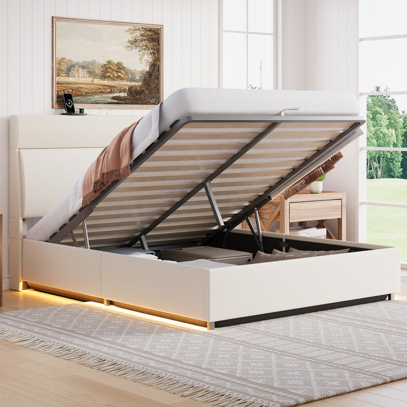 Bed Frame with Headboard, Platform Bed with Thickened Metal Frame, Lift Up Storage Bed with Motion Sensor Light, No Box Spring Needed
