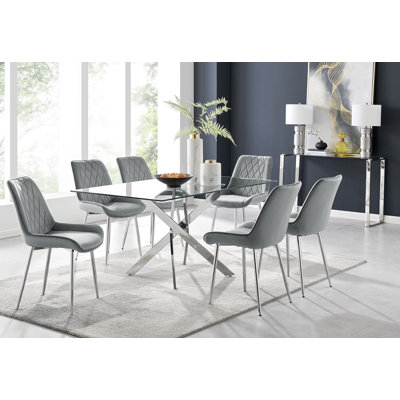 Lenworth Modern Gold Metal and Glass Dining Table Set with 6 Luxury Velvet Dining Chairs