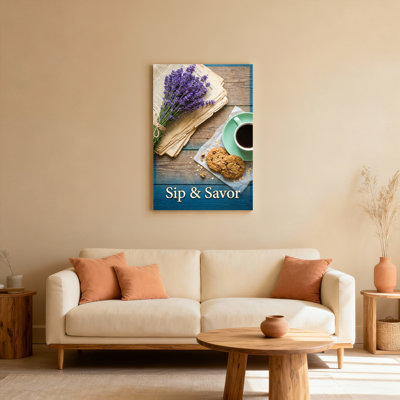 «Sip and Savour Coffee and Cookies With Lavender», reproduction d'art sur toile tendue sur toile, ensemble de 1