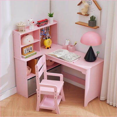 Kids Desk And Chair Set, Kids Corner Desk, Kids Study Table With Bookshelf, Cloth Drawer And Bulletin Board For Boys And Girls by Harriet Bee